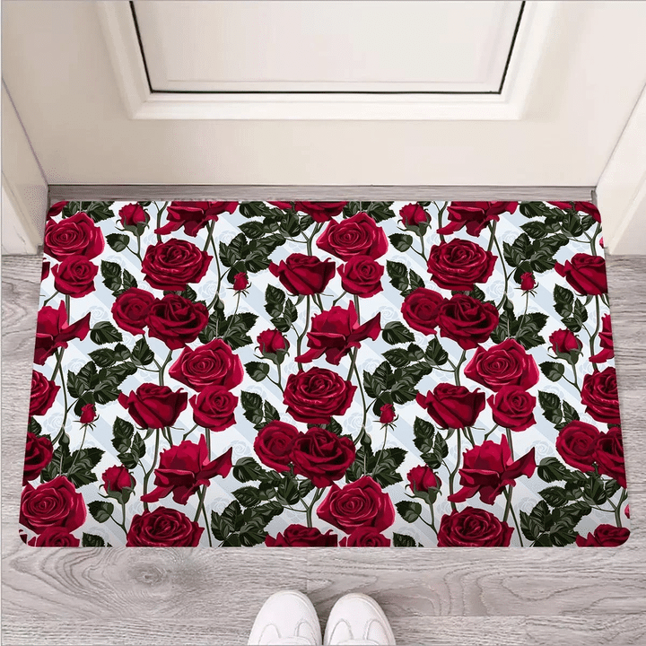 Red Rose Flower Print Door Mat