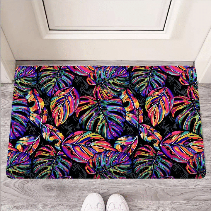 Neon Multicolor Palm Leaf Print Door Mat