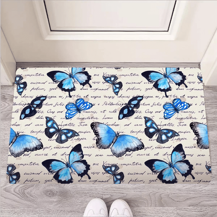 Blue Butterfly Watercolor Print Door Mat