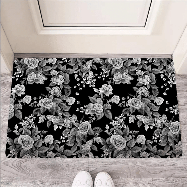 Black And White Rose Flower Door Mat
