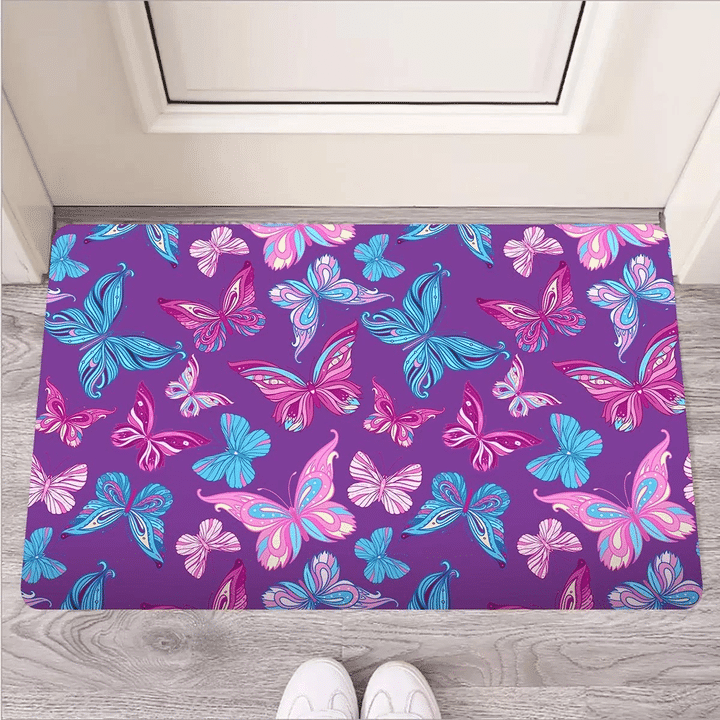 Blue And Pink Butterfly Print Door Mat