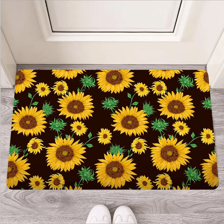 Black Sunflower Print Door Mat