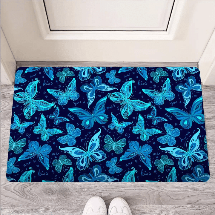Blue Butterfly Print Door Mat
