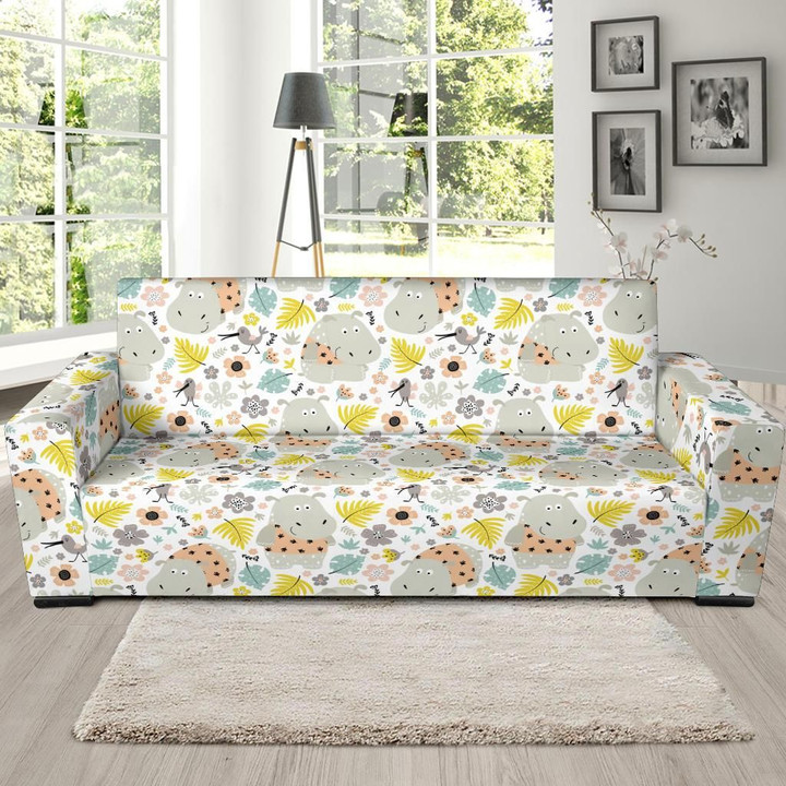 Lovely Hippopotamus On Floral Background Design Sofa Cover