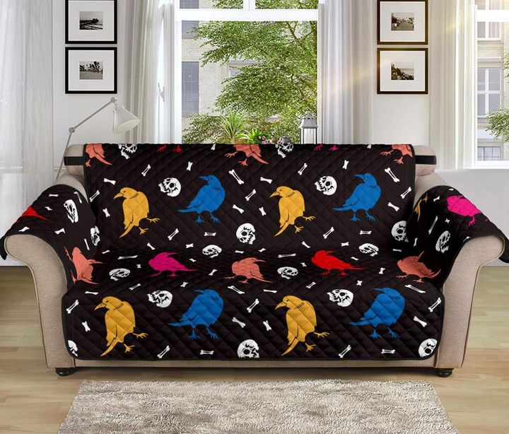 Colorful Crow Skeleton On Black Design Sofa Couch Protector Cover