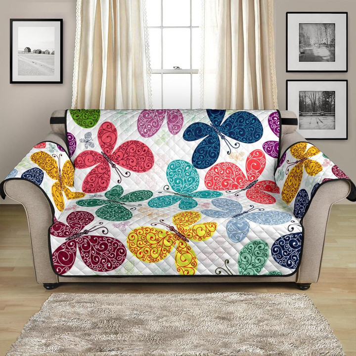 White Theme Colorful Butterfly Pattern Sofa Couch Protector Cover