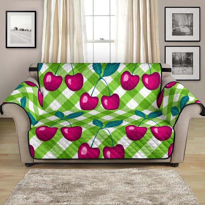 Green And White Checked Cherry Pattern Sofa Couch Protector Cover