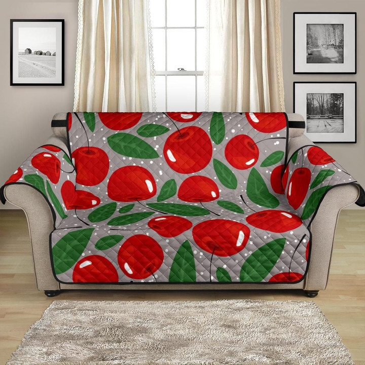 Scarlet Red Cherry And Green Leaves Pattern Sofa Couch Protector Cover