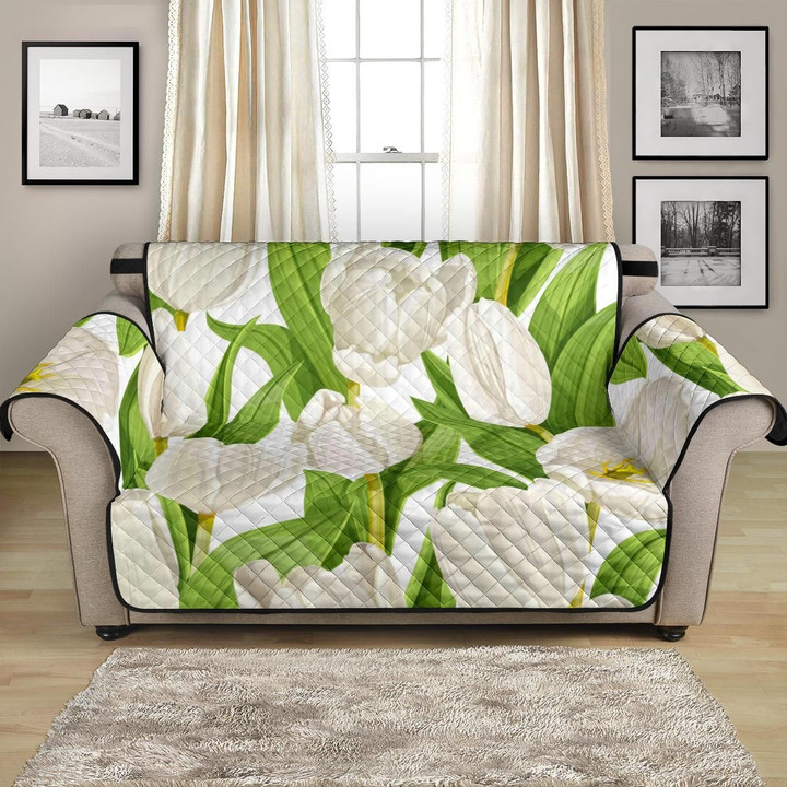 White Tulip Garden Green Leaves Pattern Sofa Couch Protector Cover