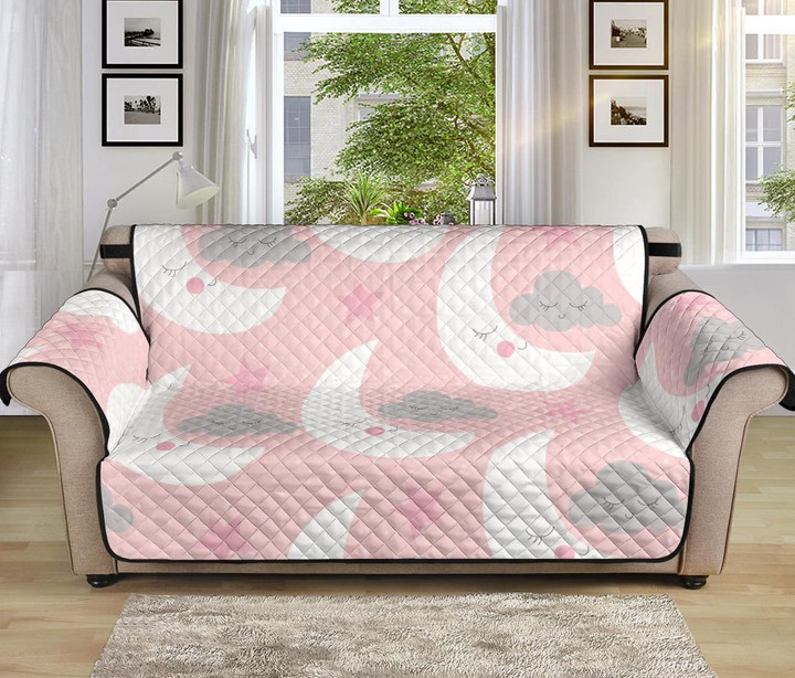 White Moon Cloud Star Pattern Pink Dot Background Sofa Couch Protector Cover