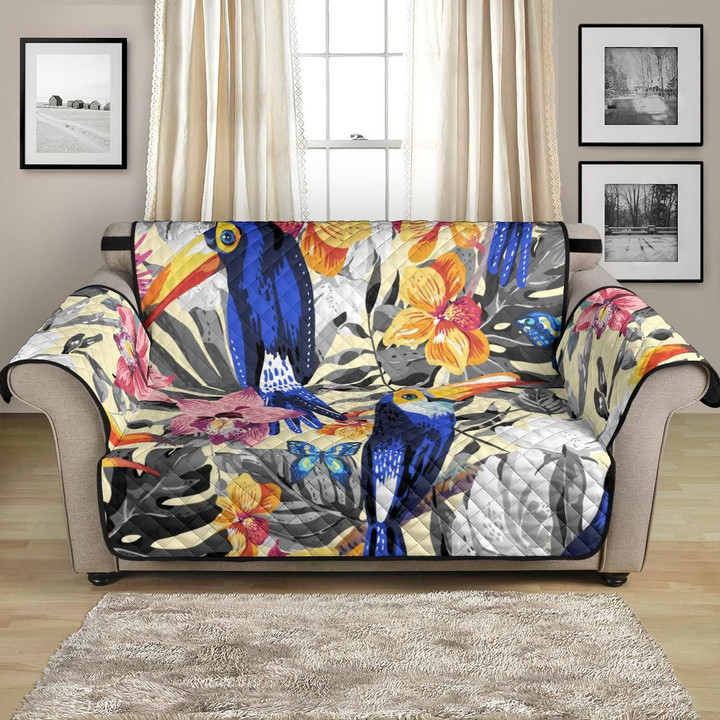 Picturesque Toucan Leaves Flower Pattern Sofa Couch Protector Cover