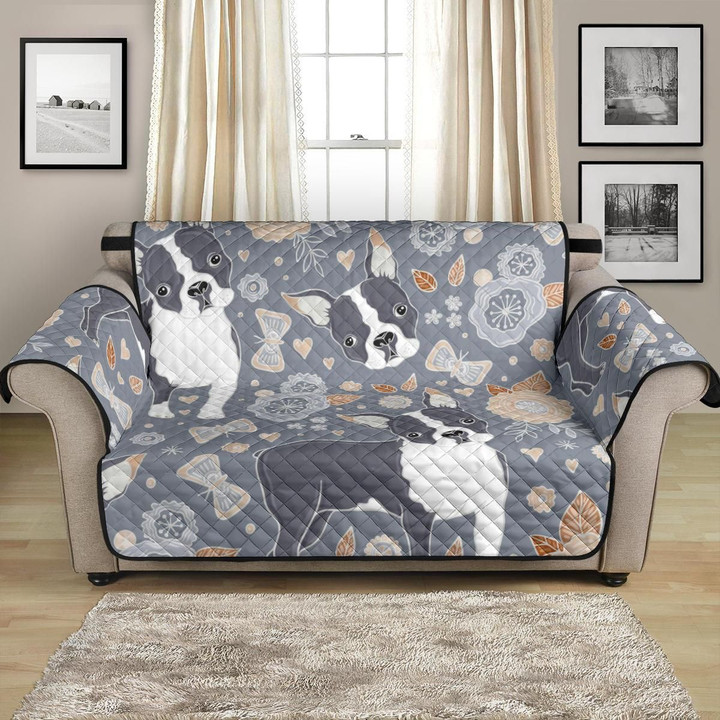Grey Theme Boston Terrier Flower Pattern Sofa Couch Protector Cover