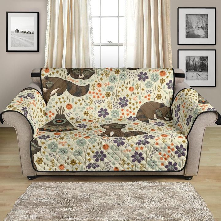 Wild Raccoon On Floral Background Sofa Couch Protector Cover