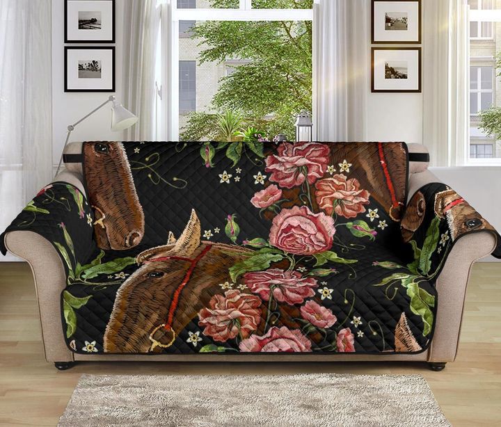 Black Theme Horse Head Wild Roses Pattern Sofa Couch Protector Cover