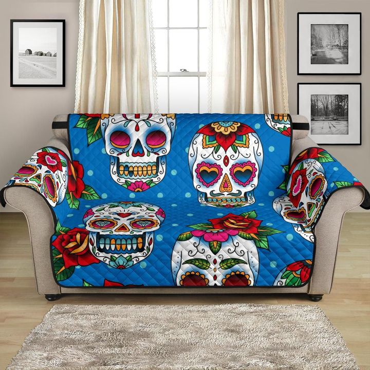 Blue Theme Vivid Suger Skull Rose Pattern Sofa Couch Protector Cover