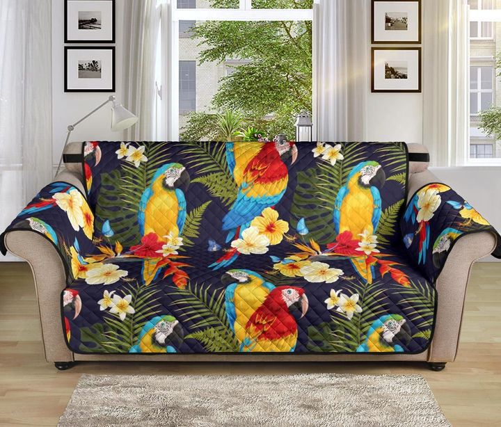 Vibrant Parrot Flower On Dark Blue Sofa Couch Protector Cover