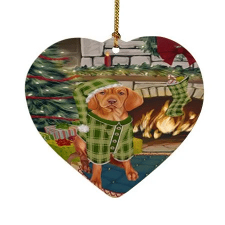 Adorable Vizsla Dog Green Theme Heart Ornament Night