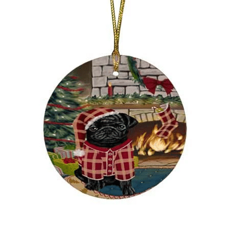 Red Pattern The Stocking Was Hung Pug Dog Round Flat Ornament