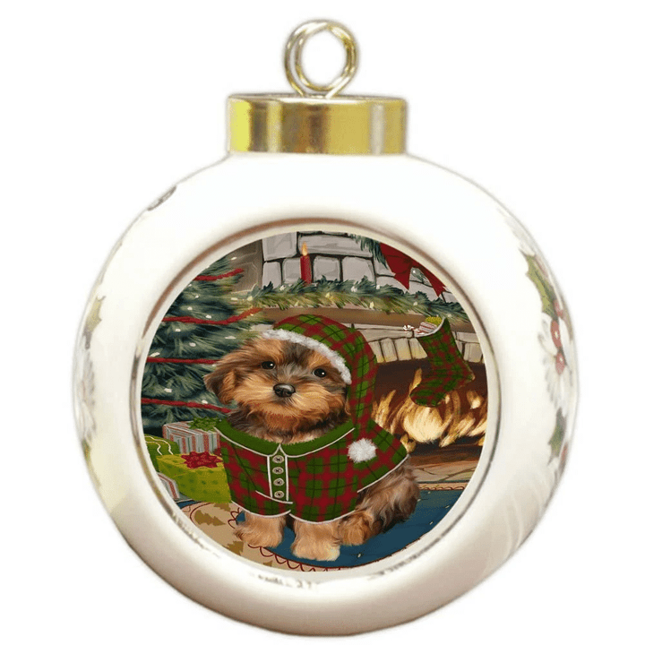 Green And Red Pattern Gift Yorkipoo Dog Round Ball Ornament