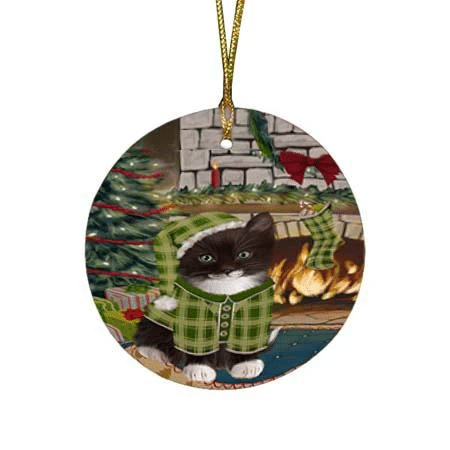 Green Pattern The Stocking Was Hung Tuxedo Cat Round Flat Ornament