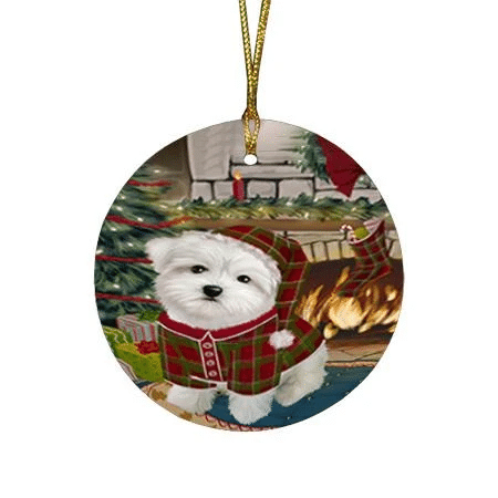 Pretty Maltese Dog Round Flat Ornament Green And Red Pattern