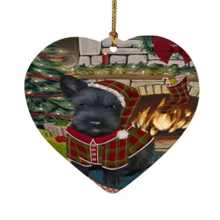 Red And Green Pattern The Stocking Was Hung Scottish Terrier Dog Heart Ornament