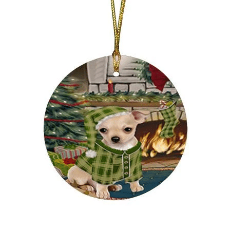 Green Pattern The Stocking Was Hung Chihuahua Dog Round Flat Ornament