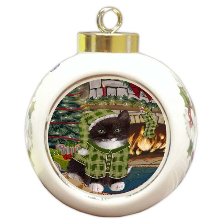 Green Pattern Gift Tuxedo Cat Round Ball Ornament