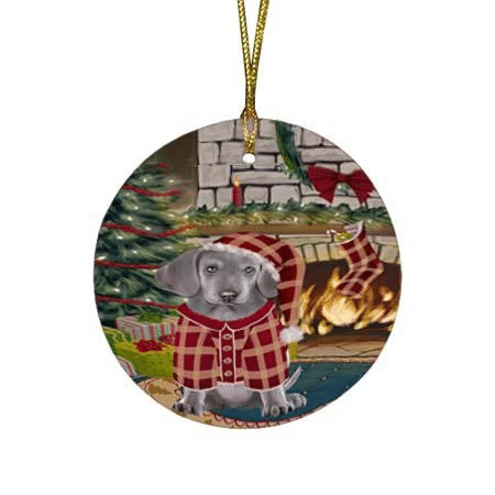 Cute Red Pattern The Stocking Was Hung Weimaraner Dog Round Flat Ornament