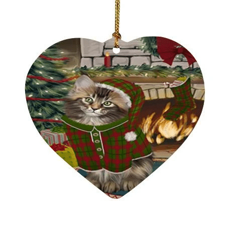 Green And Red Pattern The Stocking Was Hung Maine Coon Cat Heart Ornament