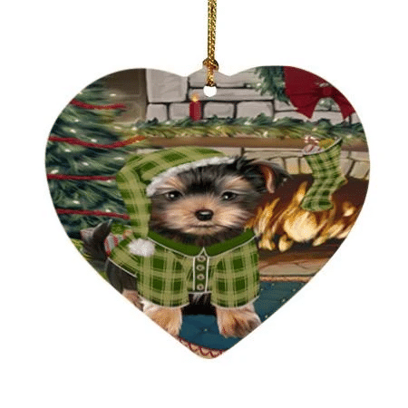 Green Pattern The Stocking Was Hung Yorkshire Terrier Dog Heart Ornament