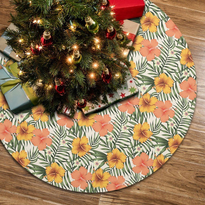 Spring Tropical Flowers Hibiscus Pink Yellow Tree Skirt