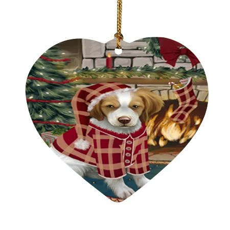 Red Pattern The Stocking Was Hung Brittany Spaniel Dog Heart Ornament
