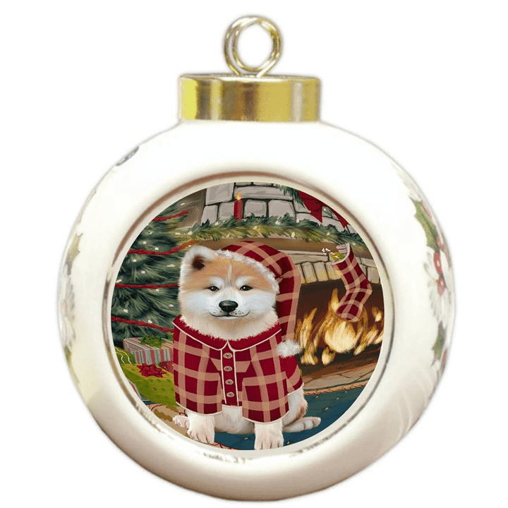 Red Pattern The Stocking Was Hung Akita Dog Round Ball Ornament