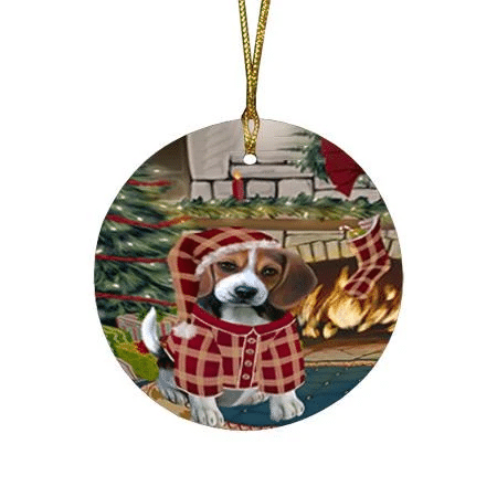 Red Pattern The Stocking Was Hung Beagle Dog Round Flat Ornament