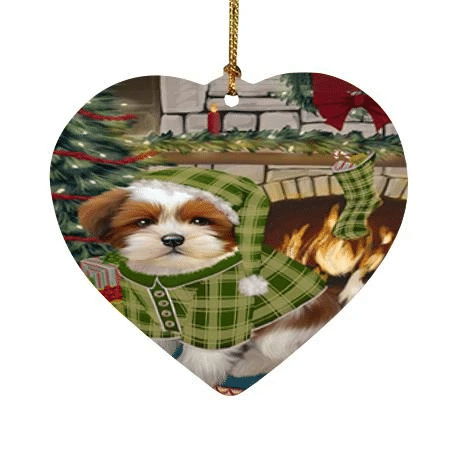 Green Pattern The Stocking Was Hung Lhasa Apso Dog Heart Ornament