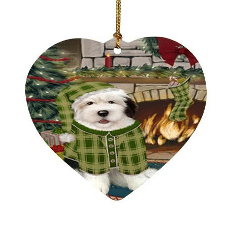 Green Pattern The Stocking Was Hung Old English Sheepdog Heart Ornament