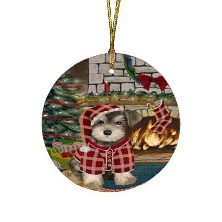 Red Pattern The Stocking Was Hung Schnauzer Dog Round Flat Ornament
