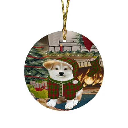 Green And Red The Stocking Was Hung Akita Dog Round Flat Ornament
