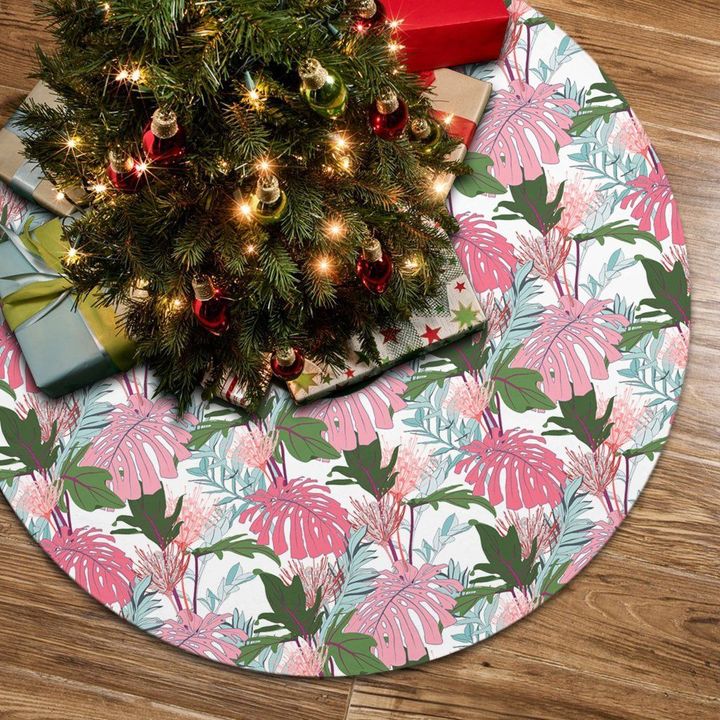 Tree Skirt Pink Monstera And Green Tropical Leaves White