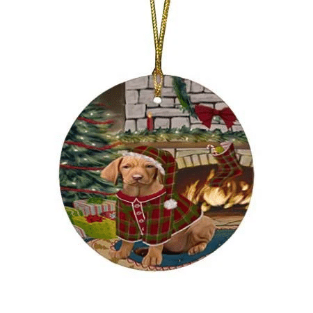 Red And Green Pattern The Stocking Was Hung Vizsla Dog Round Flat Ornament