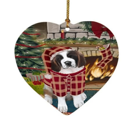 Red Pattern The Stocking Was Hung Saint Bernard Dog Heart Ornament