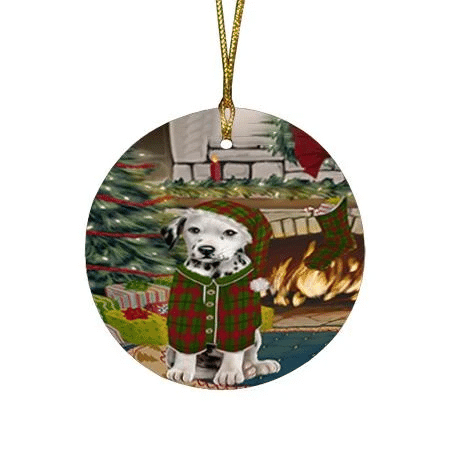 Lovely Dalmatian Dog Round Flat Ornament Green And Red Pattern