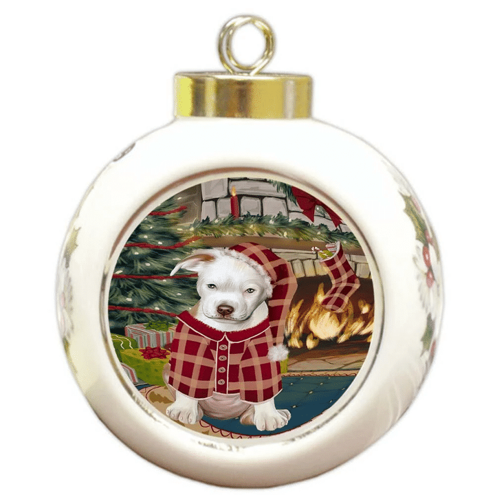 Cute White Pit Bull Dog In Red Plaid Clothes Ornament