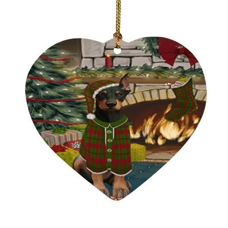 Red And Green The Stocking Was Hung Doberman Pinscher Dog Heart Ornament