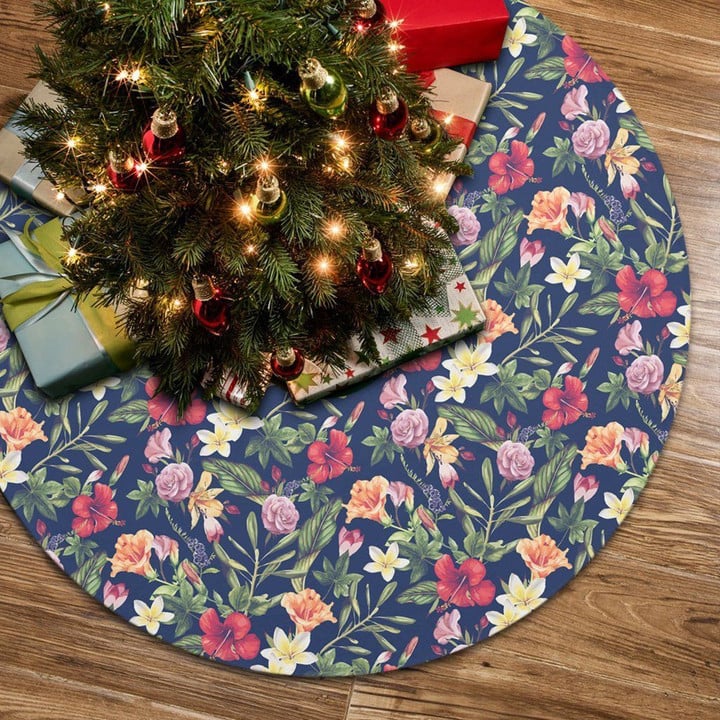 Lovely Tropical Hibiscus Red And Plumeria White Tree Skirt