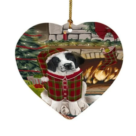 Cute Saint Bernard Dog Heart Ornament Green And Red Pattern