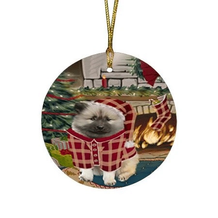 Red Pattern The Stocking Was Hung Keeshond Dog Round Flat Ornament