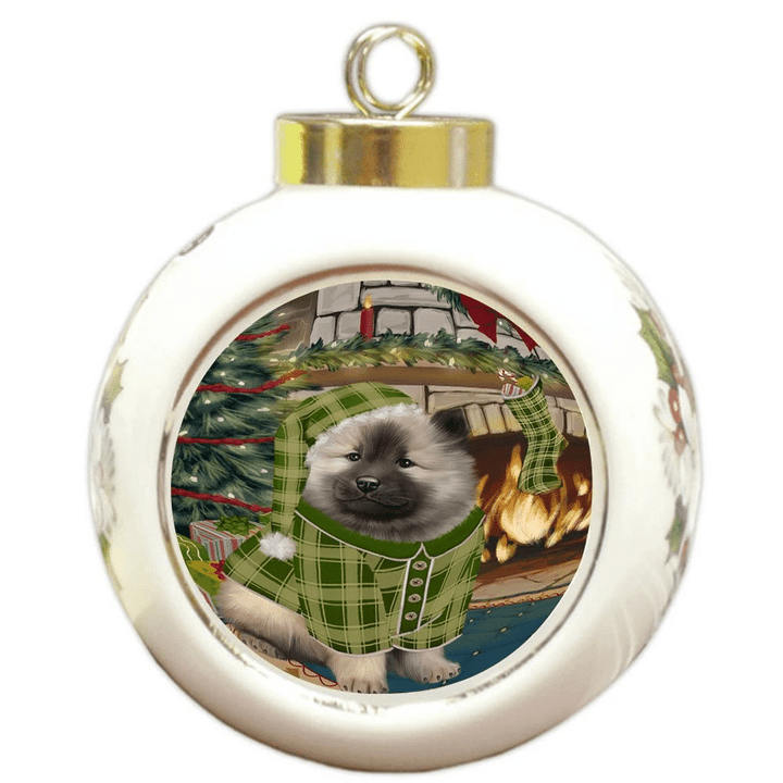 Green Pattern Gift Keeshond Dog Round Ball Ornament
