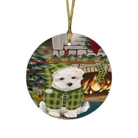 Green Pattern The Stocking Was Hung Maltese Dog Round Flat Ornament